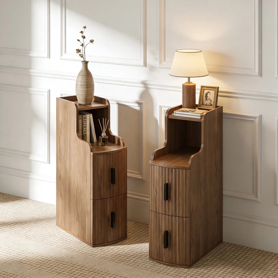 Set of 2 Fluted Narrow Nightstands with 2 Drawers, Wooden Bedside Tables, Walnut Finish