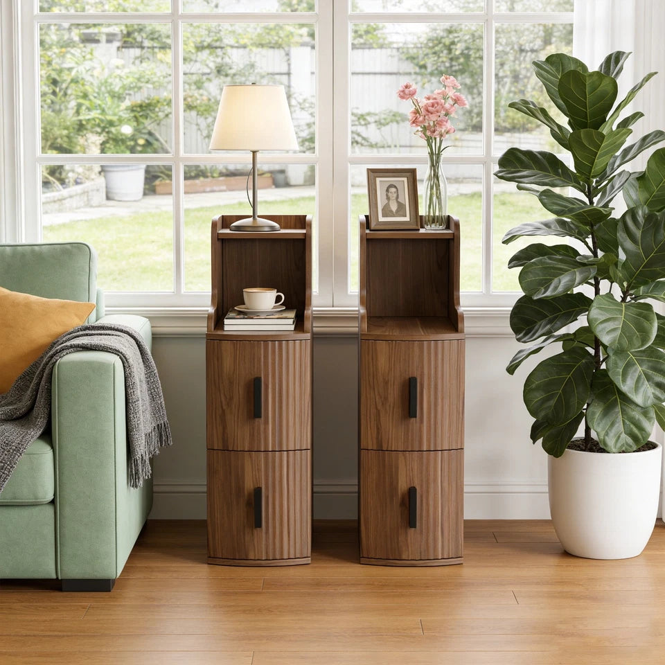 Set of 2 Fluted Narrow Nightstands with 2 Drawers, Wooden Bedside Tables, Walnut Finish