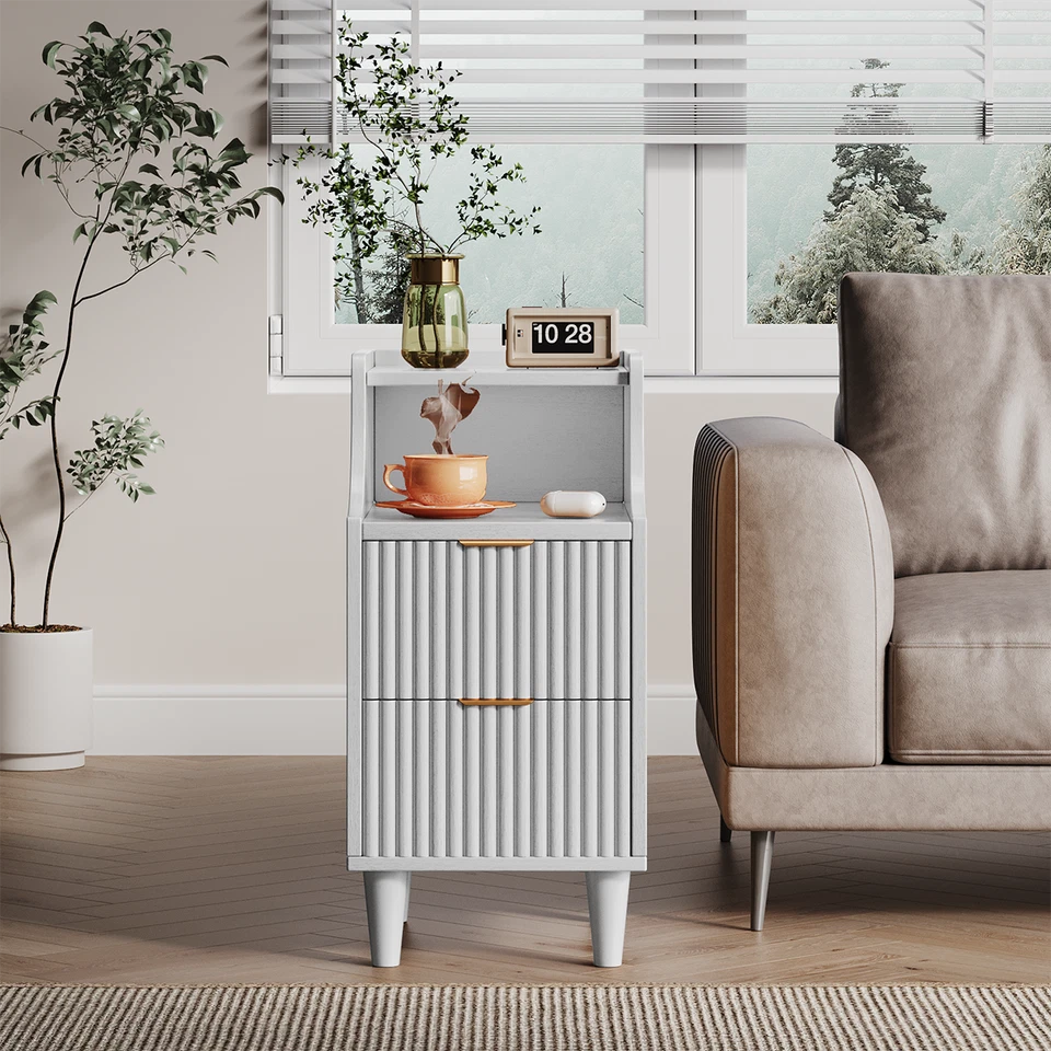Set of 2 Fluted Nightstands, Modern Bedside Tables with Storage Drawer & Open Shelf
